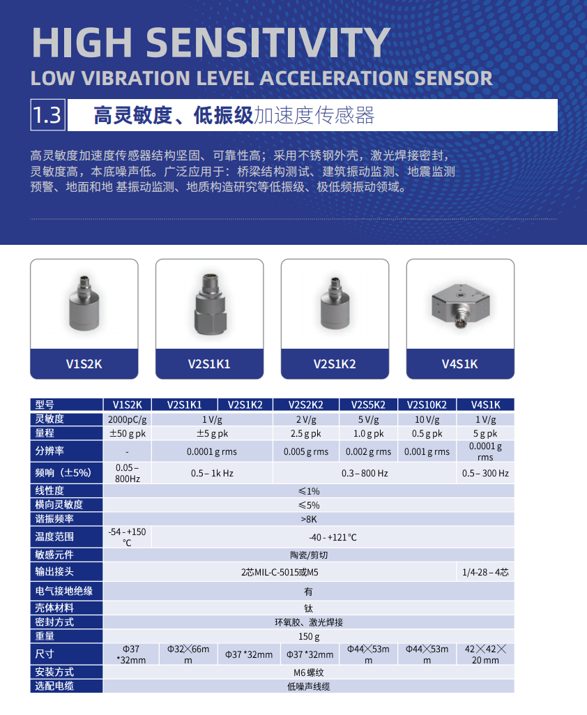高靈敏度、低振級加速度傳感器